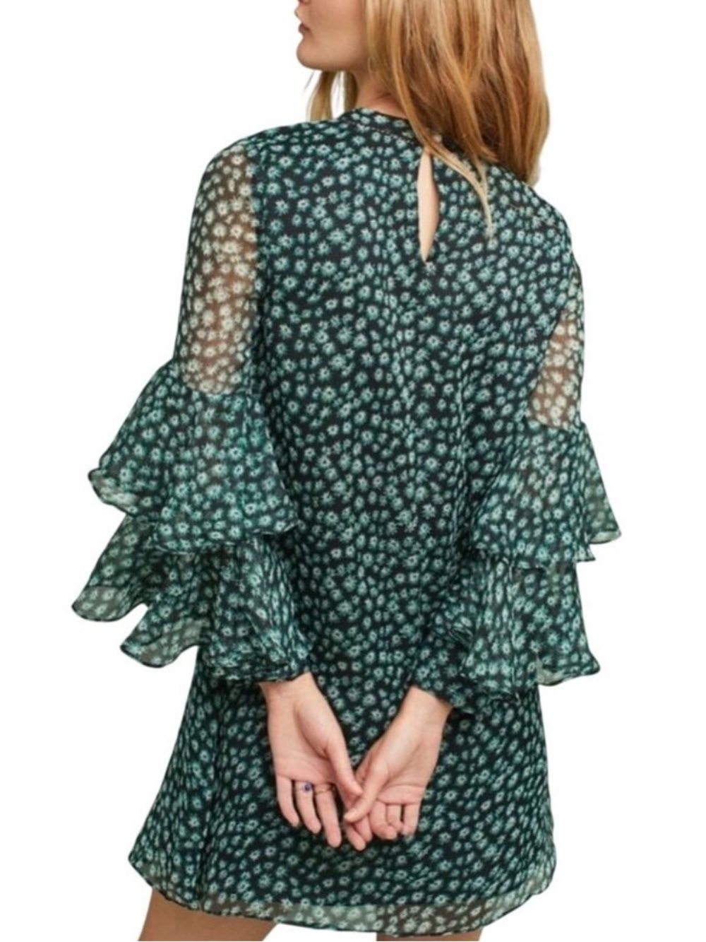 Anthropologie Ranna Gill Silk Embellished Tunic Dress XS Black Ruffle Sleeve - Picture 2 of 13